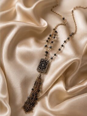 Vintage Boho Tassel Statement Necklace Crystal Beads Long Pendant Gold